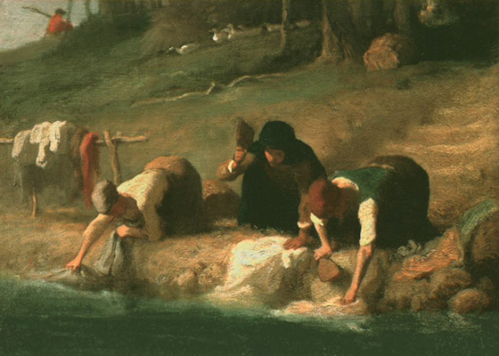 Gemälde: Wäscherinnen mit Wäscheklopfern am Fluss
