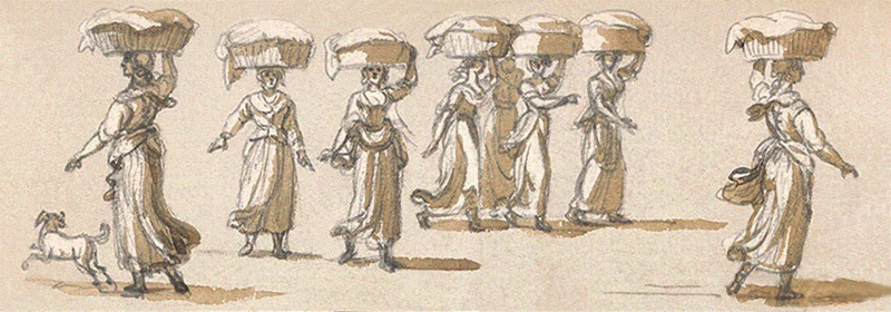lavierte Zeichnung: mehrere Frauen mit Wäschekörben auf dem Kopf