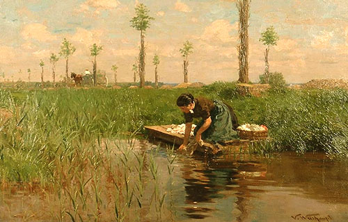 Gemälde: ländliche Szene mit Wäsche waschender Frau an schilfigem Seeufer - Frankreich, um 1905