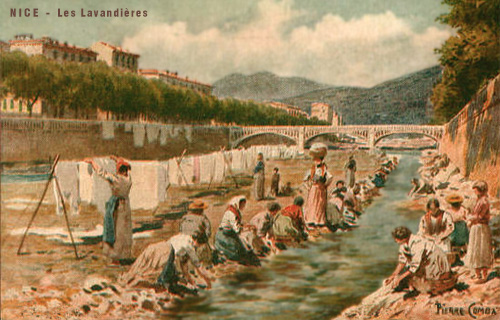 Gemälde: Wasch- und Trockenplatz am Fluß Var in Nizza - um 1910