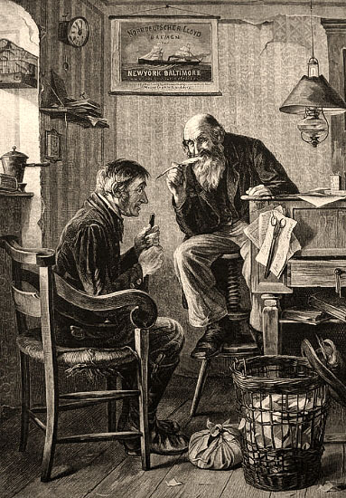 Holzstich: Agent auf hochgedrehtem Hocker am Schreibpult sitzend redet mit gezückter Schreibfeder auf älteren Kunden ein - 1883