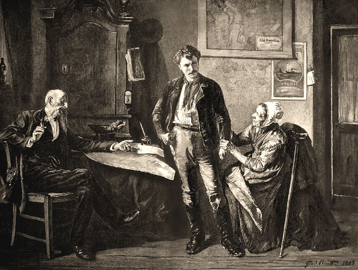 Holzstich: zentral stehender junger Mann wir von links sitzendem rauchenden Agenten beraten und von rechts sitzender alter Frau am Arm festgehalten - 1889