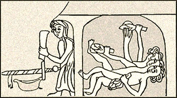 Zeichnung: beschäftigter Badstüber vor sowie drei liegende Frauen in Badestube - 13. Jh