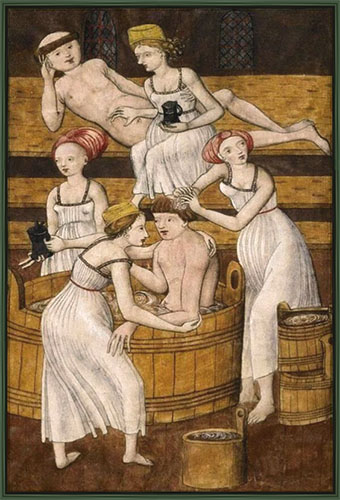 kolorierter Kupferstich: Dirnen verwöhnen männliche Badegäste