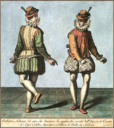 kolorierter Kupferstich: zwei Tänzer in interessanten Kostümen