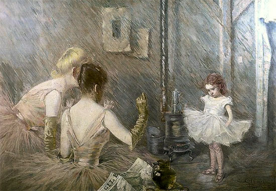 Gemälde: kleines Mädchen im Tutu wird von zwei Ballerinen belehrt