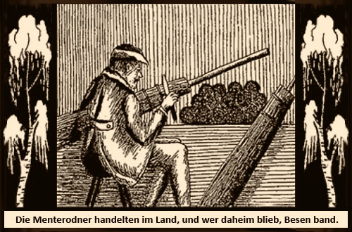 Holzschnitt: Thüringer Besenbiner arbeitet zwischen zwei Birken - darunter Spruch: Die Menteroner handelten im Land, und wer daheim blieb, Besen band.