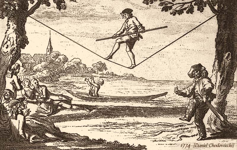 Kupferstich: Mann mit Balancierstange auf einem Seil zwischen zwei Bäumen