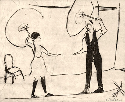 sw Zeichnung: Mann übt mit Mädchen auf kurz über dem Boden gespanntem Seil