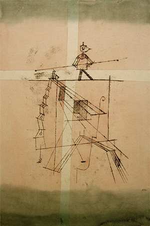 farbige Künstlerkarte: Mann mit Balancierstange auf hohem Seil