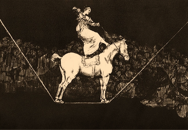 Federzeichnung: Frau mit Pferd auf dem Seil balancierend