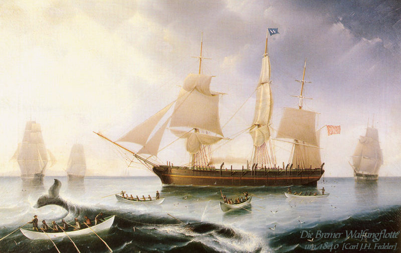 Gemälde: Wal wir von Booten her harpuniert, Segelschiffe im Hintergrund