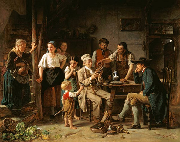 Gemälde: In einer Dorfschenke zeigen mehrere Leute einem Händler ihre antiken Schätze - 1865