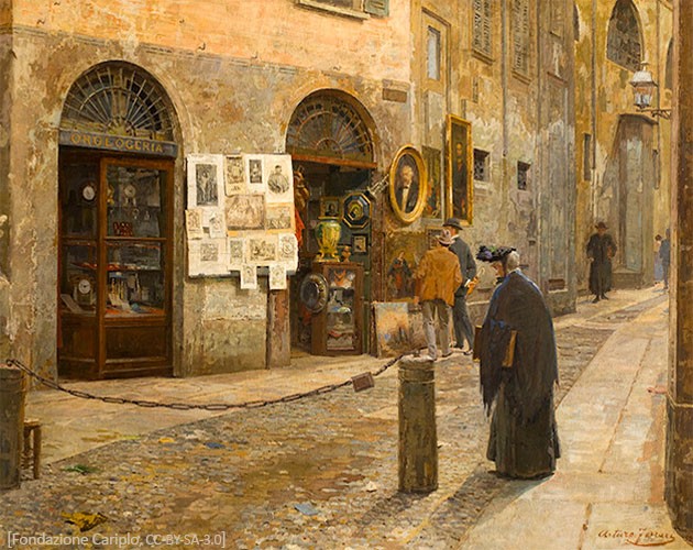 Gemälde: Antiquitätenladen in einer engen Gasse in Mailand - 1912