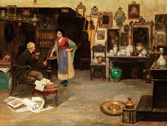 Gemälde: Händler in seinem Laden begutachtet ein Bild, das ihm eine Frau gebracht hat - Italien, 1920