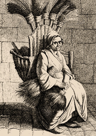 Kupferstich: alte Frau mit Besen im Rückentagekorb ruht sich auf einem Stuhl aus