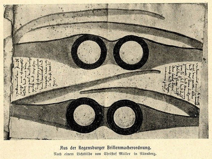 alte Handschrift mit Zeichnungen von zwei alten Brillen