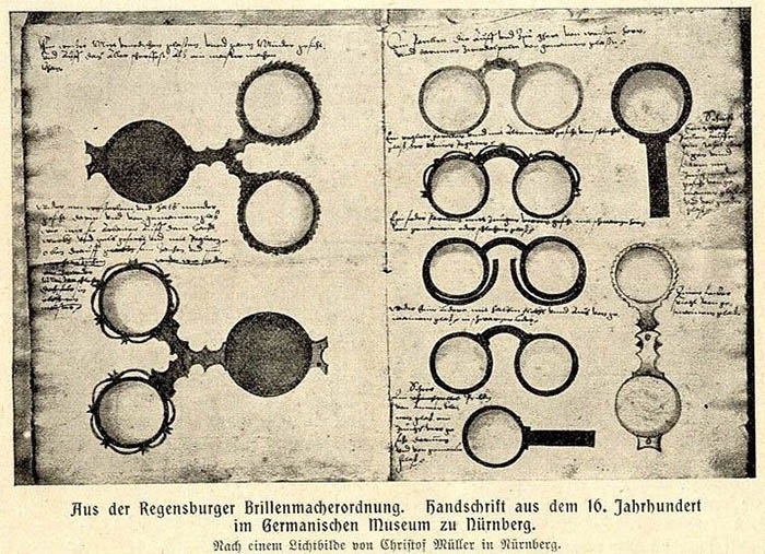alte Handschrift mit Zeichnungen von alten Brillen