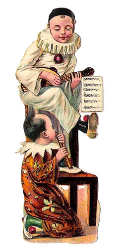 Glanzbild: BanjoCLOWN oben auf Stuhllehne sitzend, FlötenCLOWN am Boden kniend
