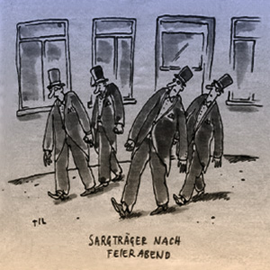 Comiczeichnung: vier schwarz gekleidete Herren mit Zylinderhut ohne Sarg laufen, als trügen sie einen