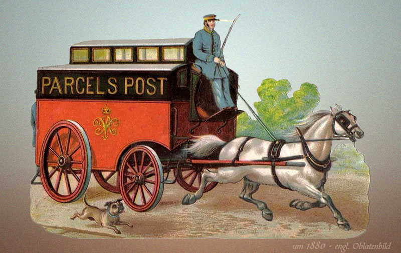 Oblatenbild: Paket-Postwagen von weißem Pferd gezogen und vom Boten kutschiert