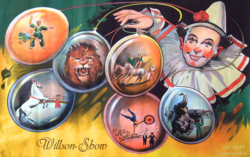 farbiges Plakat. Clown hält Luftballons an Bändern, in den Ballons sind diverse Zirkusdarbietungen dargestellt