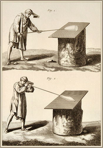 Kupferstich: zeigt zwei Phasen des Abrollens auf einer Platte beim Glasblasen - 1770