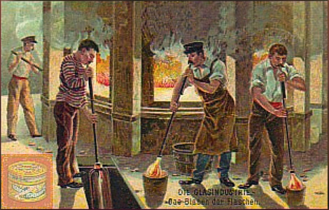 Farbdruck: vier Arbeiter bei der Herstellung von Flaschen