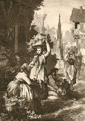 Gemälde: Frauen bringen Hopfen in Körben auf Kopf in Stadt - 1865