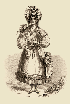 Kupferstich: Hopfenkönigin in mit Hopfen geschmückter Festtracht - 1870
