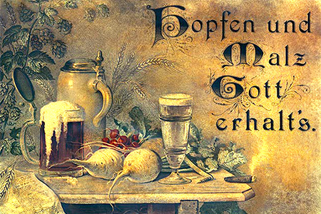 dekorative Ansichtskarte mit Spruch 'Hopfen und Malz, Gott erhalt's.'