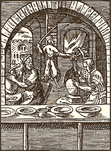 Holzschnitt: drei Kesselmacher bei der Arbeit - 1568