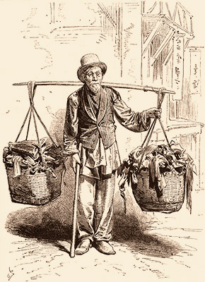 Holzstich: Chinese mit 2 Lumpenkörben an Schulerstange - 1875