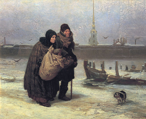 Gemälde: Lumpensammlerpaar im verschneiten Winter - 1876