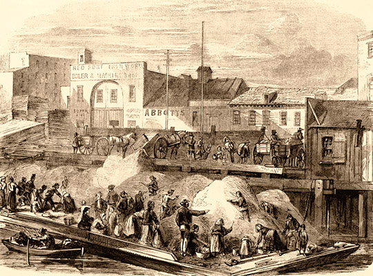 Kupferstich: viele arme Leute durchsuchen Abfallberg - 1860