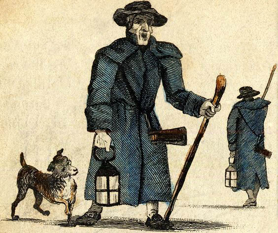 alte Abbildung: 2 Nachtwächter mit Laterne, Rassel und Stock werden von einem Hund begleitet