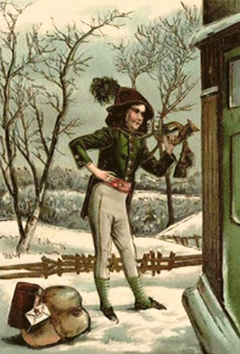 Farblitho: Bote mit Filzkappe, neben sich Pakete im Schnee vor einer Haustür - 1800