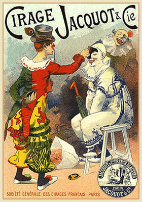 Plakat: Clown wird mit schwarzer Schuhwichse geschminkt