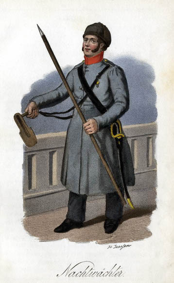 Nachtwächter in Uniform mit Stock, Säbel und Tasche
