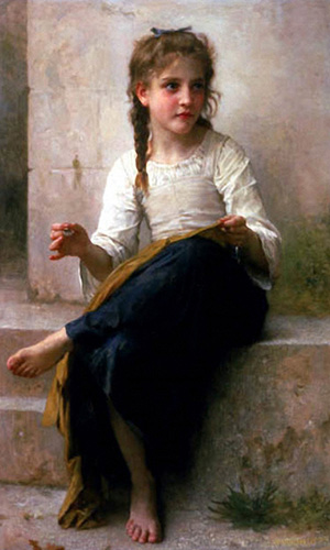 Gemälde: Mädchen auf Steintreppe sitzend und nähend