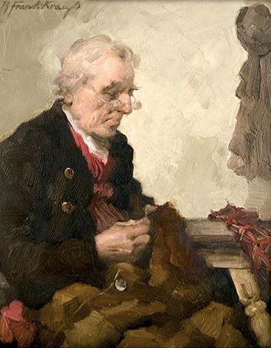 Gemälde: Mann flickt ein Kleidungsstück mit Nadel und Faden