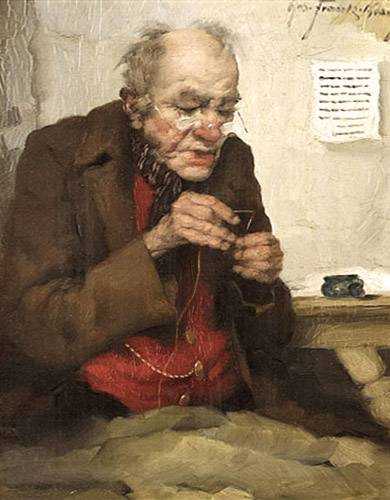 Gemälde: alter Mann beim Einfädeln eines Fadens