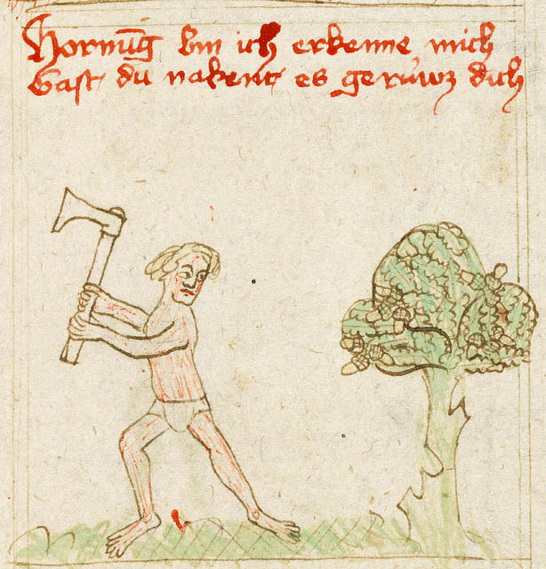 sehr alte einfache Zeichnung: Mann mit Beil vor einem Baum