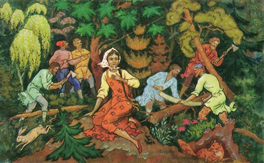 farbiges Bild: sechs Holzfäller beim Baumfällen; im Vordergrund junge Frau