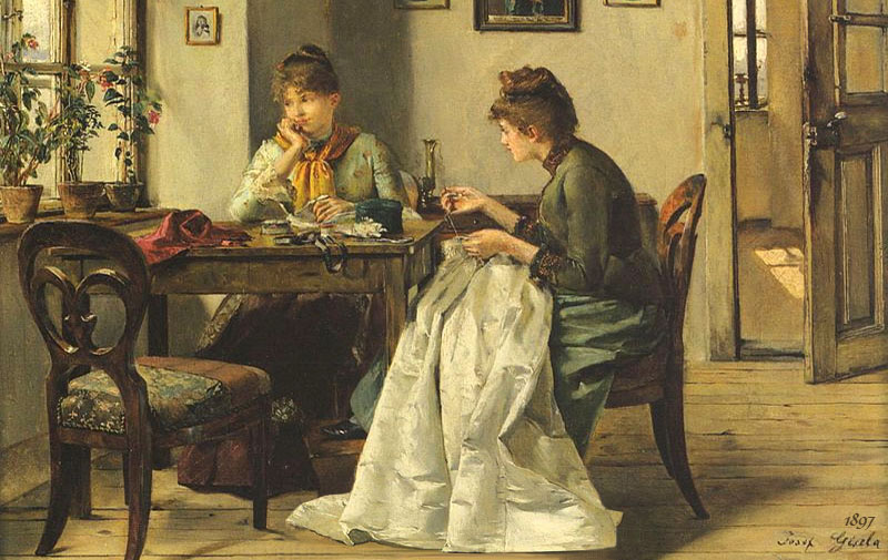 Gemälde: zwei nähende Frauen an einem Stubentisch