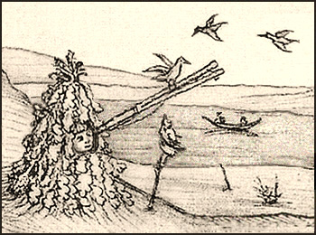 Zeichnung: in Blattwerk verborgener Mann mit Leimrute - 1500