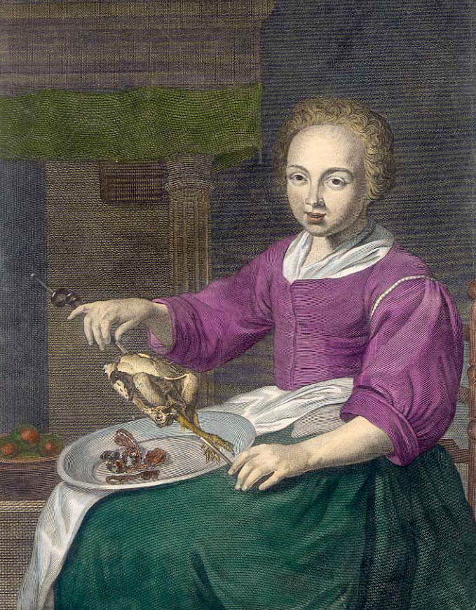 kolorierter Kupferstich: sitzende Köchin hat einen Spieß mit Vogel in der Hand