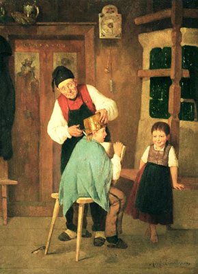 Gemälde: Großvater schneidet seinem Enkel das Haar um einen Topf herum - 1876