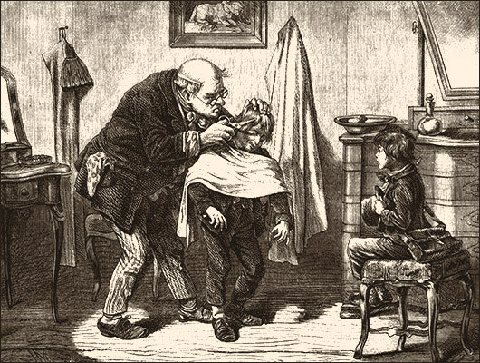 sw Stich: ein Knabe schaut zu, wie einem anderen das Haar geschnitten wird - 1880, Frankreich