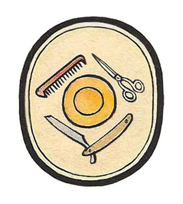 ovales Zeichen mit Kamm, Schere, Schaumschale und Rasiermesser